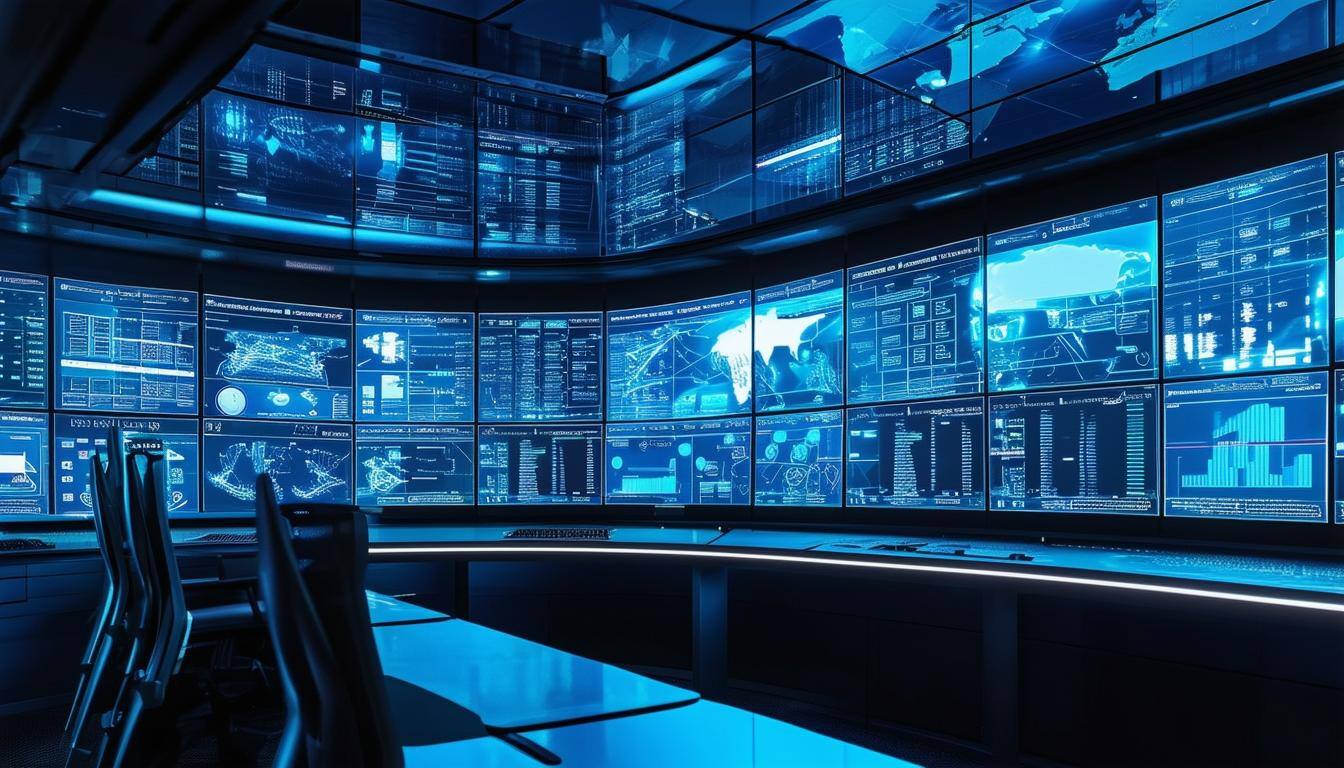 An image of a hightech control room with multiple screens displaying realtime data on cargo compliance and safety measures